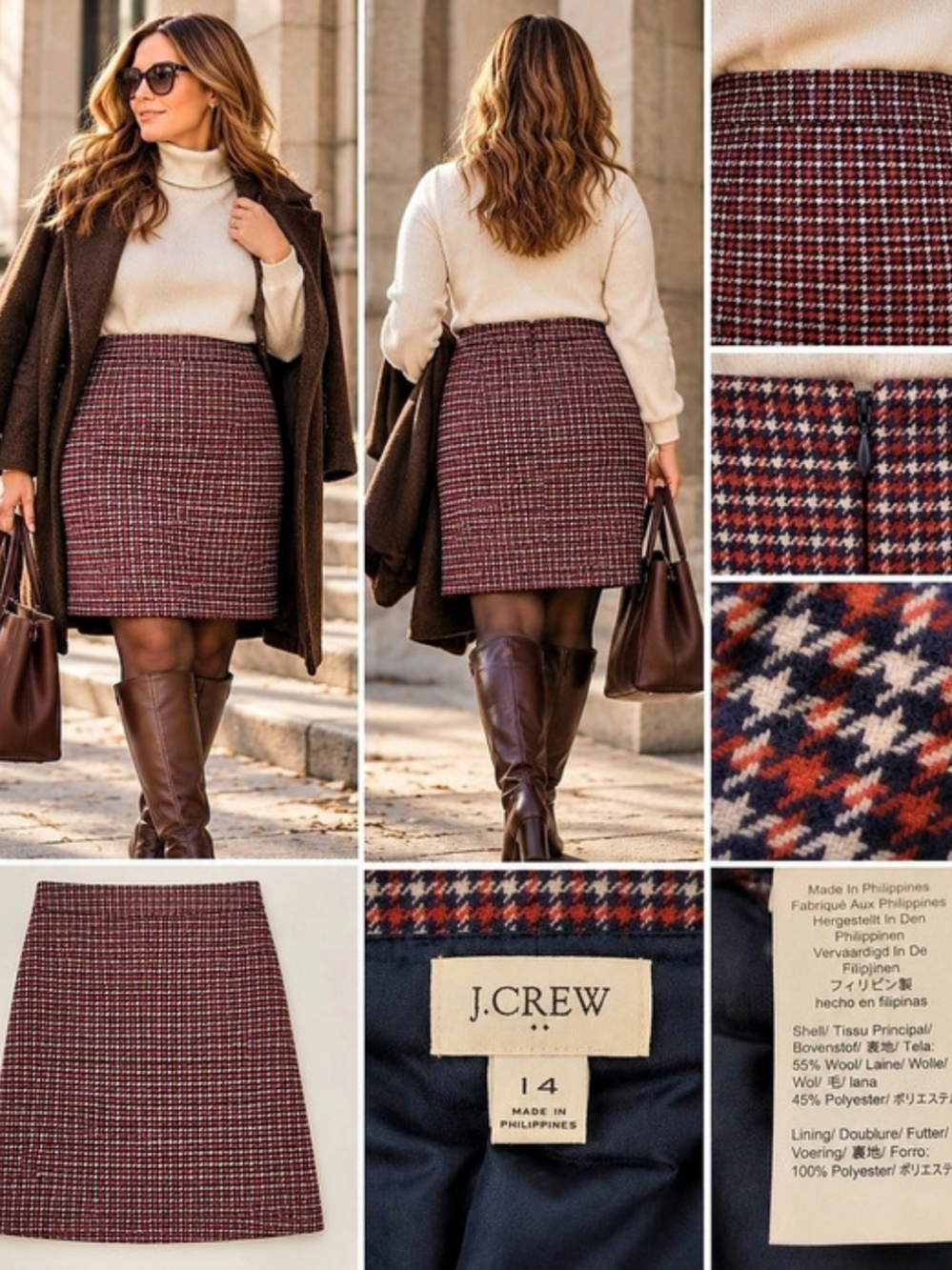 J.Crew Wool-Blend Mini Skirt in Houndstooth Skirt Red & Navy Size 14 Like New